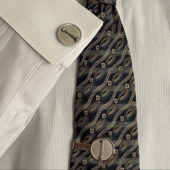 Tie Clip and Cuff Links Set Vintage Brushed Silver Tone - Picture 2 of 10